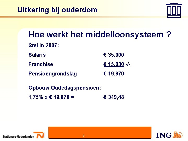Uitkering bij ouderdom Hoe werkt het middelloonsysteem ? Stel in 2007: Salaris € 35.