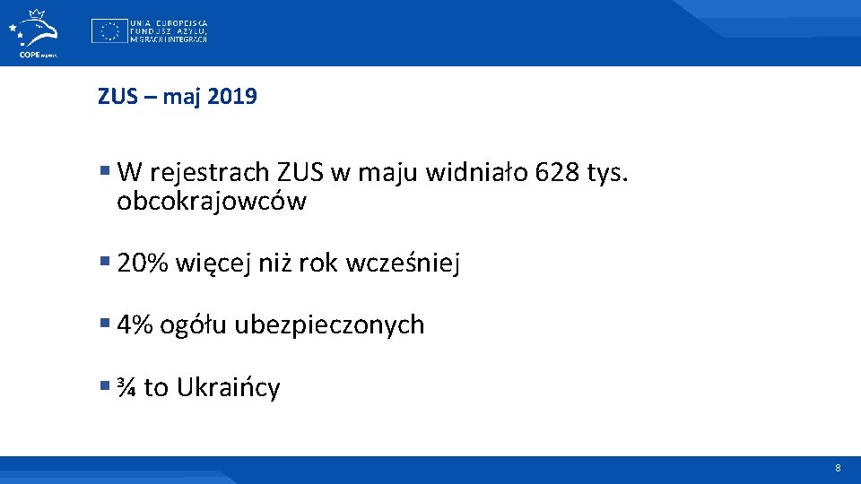 ZUS – maj 2019 § W rejestrach ZUS w maju widniało 628 tys. obcokrajowców