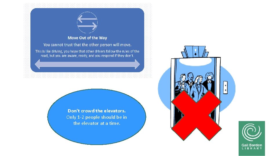 Don’t crowd the elevators. Only 1 -2 people should be in the elevator at