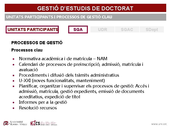 GESTIÓ D’ESTUDIS DE DOCTORAT UNITATS PARTICIPANTS I PROCESSOS DE GESTIÓ CLAU UNITATS PARTICIPANTS SGA