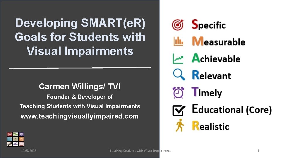 Developing SMART(e. R) Goals for Students with Visual Impairments Carmen Willings/ TVI Founder &