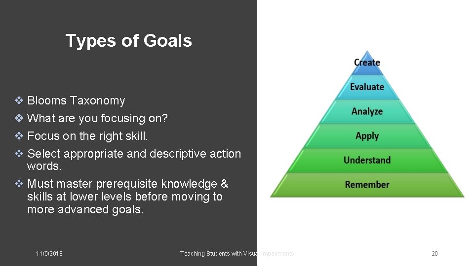 Types of Goals v Blooms Taxonomy v What are you focusing on? v Focus