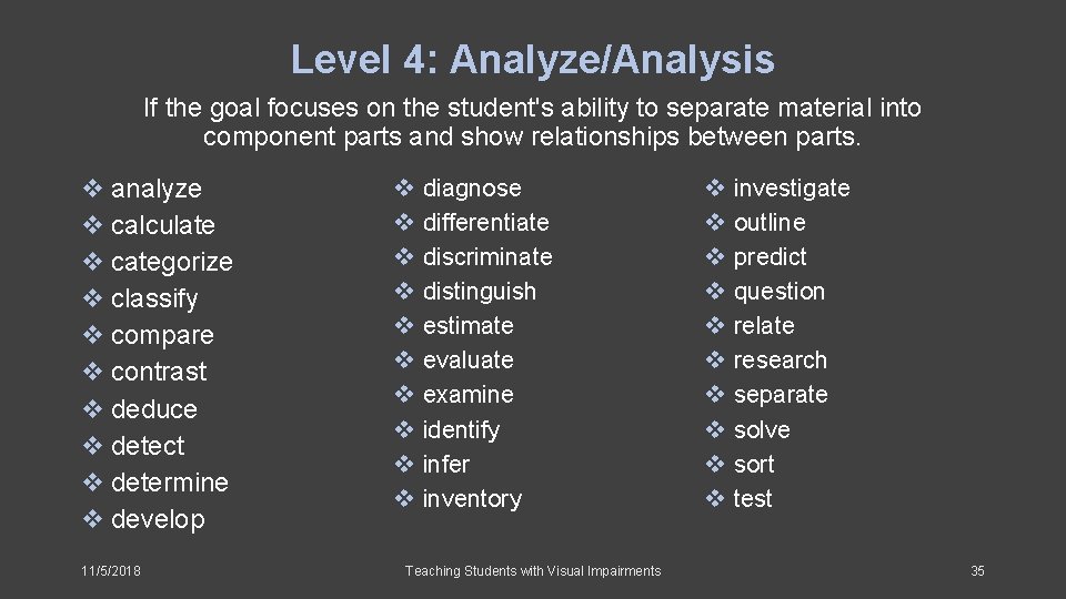 Level 4: Analyze/Analysis If the goal focuses on the student's ability to separate material