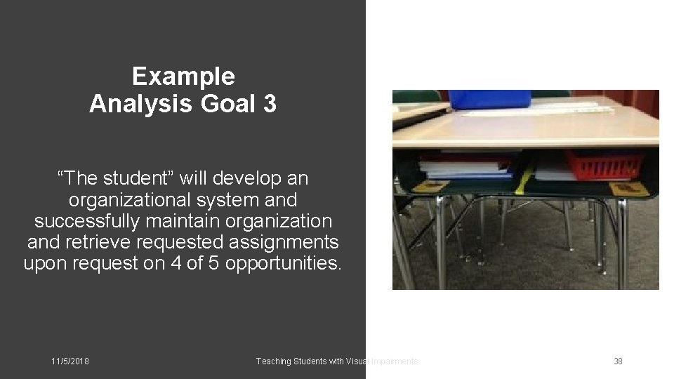 Example Analysis Goal 3 “The student” will develop an organizational system and successfully maintain