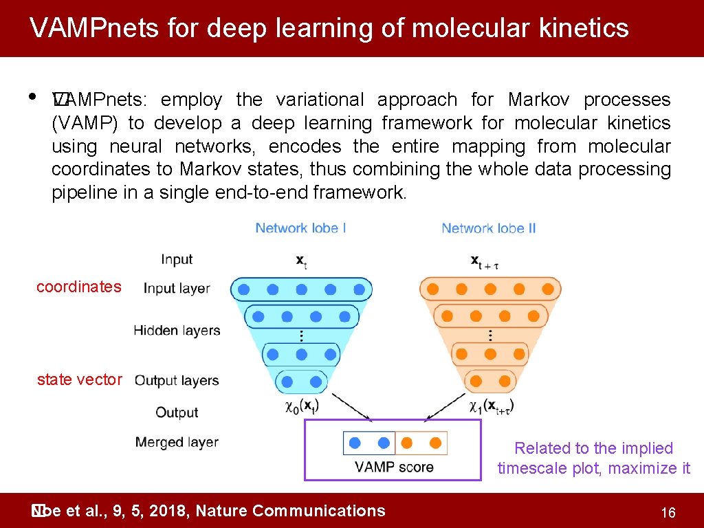 VAMPnets for deep learning of molecular kinetics • �AMPnets: employ the variational approach for