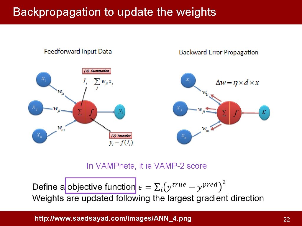 Backpropagation to update the weights In VAMPnets, it is VAMP-2 score http: //www. saedsayad.