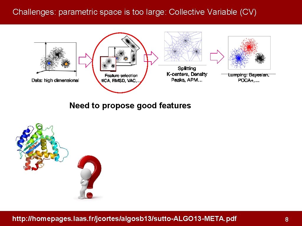 Challenges: parametric space is too large: Collective Variable (CV) Need to propose good features