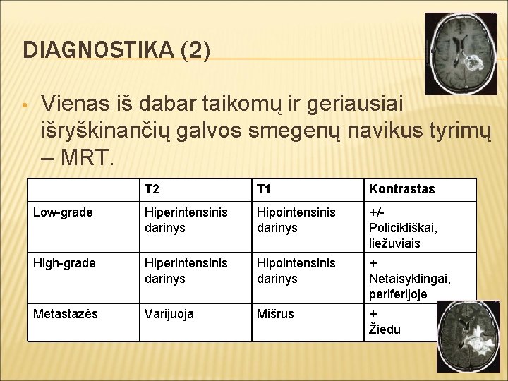 DIAGNOSTIKA (2) • Vienas iš dabar taikomų ir geriausiai išryškinančių galvos smegenų navikus tyrimų