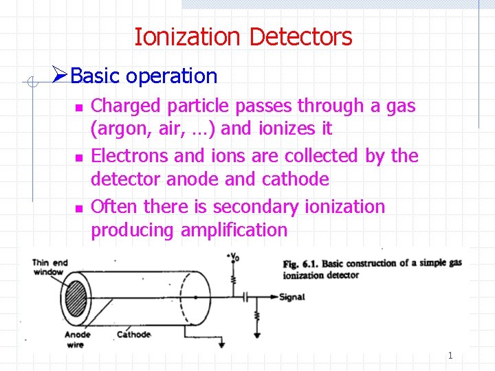 Ionization Detectors ØBasic operation n Charged particle passes through a gas (argon, air, …)