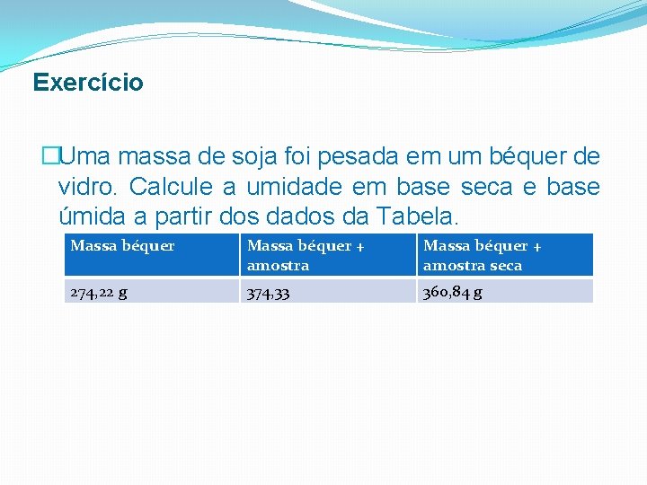 Exercício �Uma massa de soja foi pesada em um béquer de vidro. Calcule a