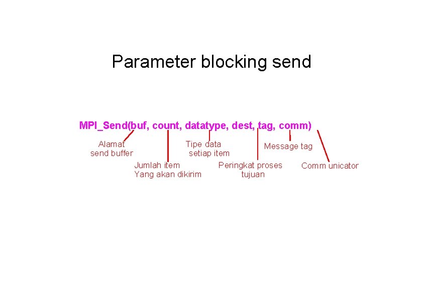 Parameter blocking send MPI_Send(buf, count, datatype, dest, tag, comm) Alamat send buffer Tipe data