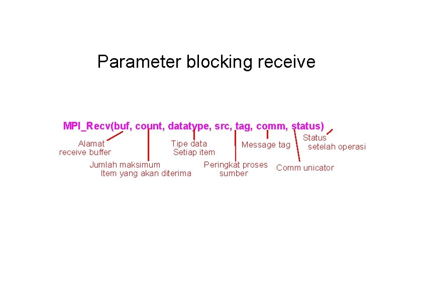 Parameter blocking receive MPI_Recv(buf, count, datatype, src, tag, comm, status) Status Alamat Tipe data