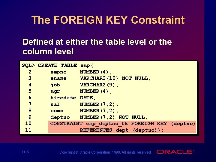 The FOREIGN KEY Constraint Defined at either the table level or the column level