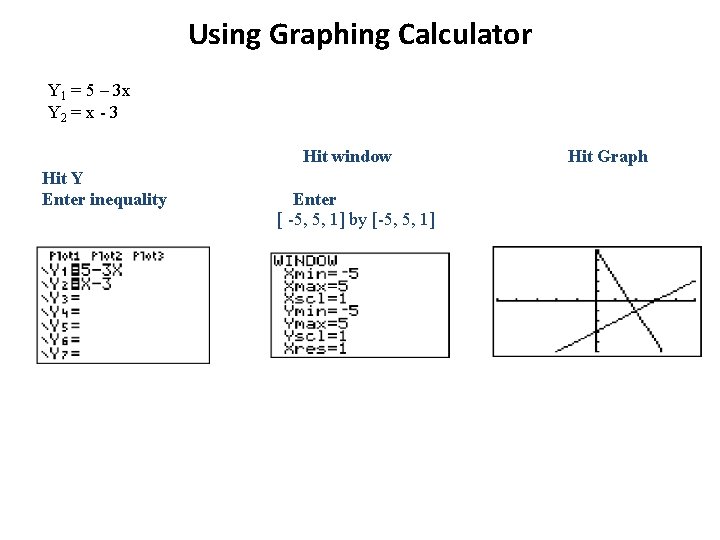 Using Graphing Calculator Y 1 = 5 – 3 x Y 2 = x