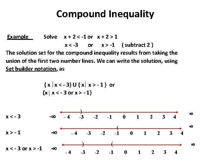 Compound Inequality Example Solve x + 2 < -1 or x + 2 >