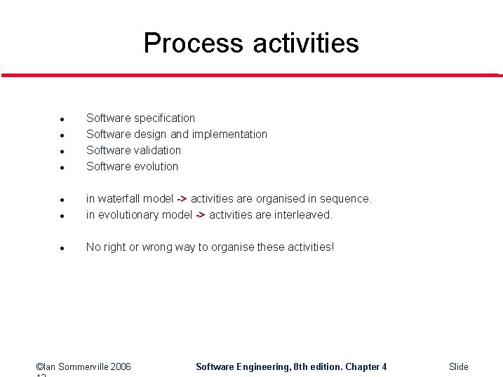 Process activities l l Software specification Software design and implementation Software validation Software evolution