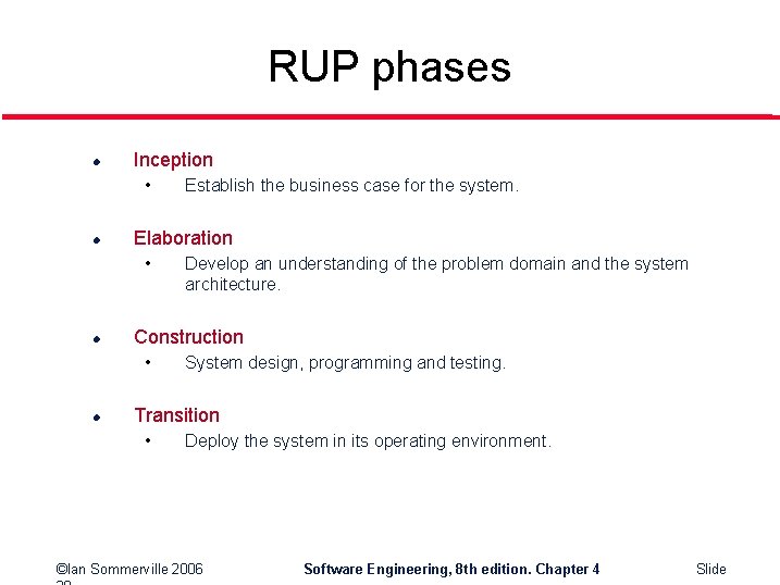 RUP phases l Inception • l Elaboration • l Develop an understanding of the