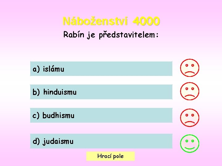 Náboženství 4000 Rabín je představitelem: a) islámu b) hinduismu c) budhismu d) judaismu Hrací