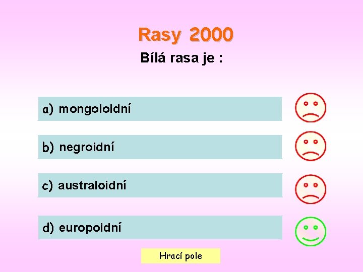 Rasy 2000 Bílá rasa je : a) mongoloidní b) negroidní c) australoidní d) europoidní