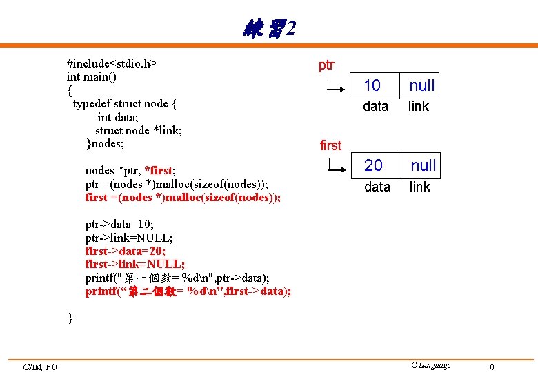 練習 2 #include<stdio. h> int main() { typedef struct node { int data; struct
