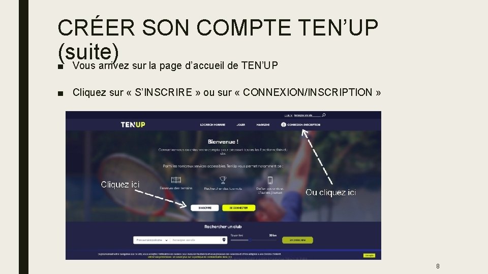 CRÉER SON COMPTE TEN’UP (suite) ■ Vous arrivez sur la page d’accueil de TEN’UP