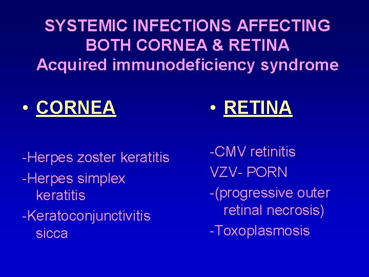 SYSTEMIC INFECTIONS AFFECTING BOTH CORNEA & RETINA Acquired immunodeficiency syndrome • CORNEA • RETINA