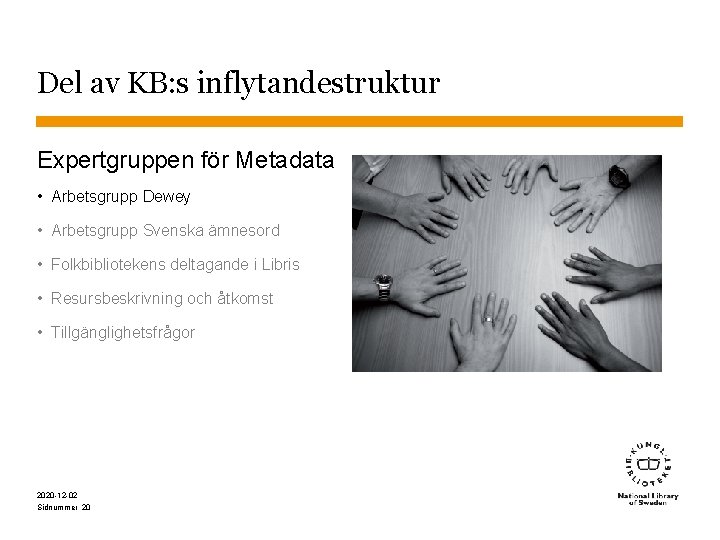 Del av KB: s inflytandestruktur Expertgruppen för Metadata • Arbetsgrupp Dewey • Arbetsgrupp Svenska