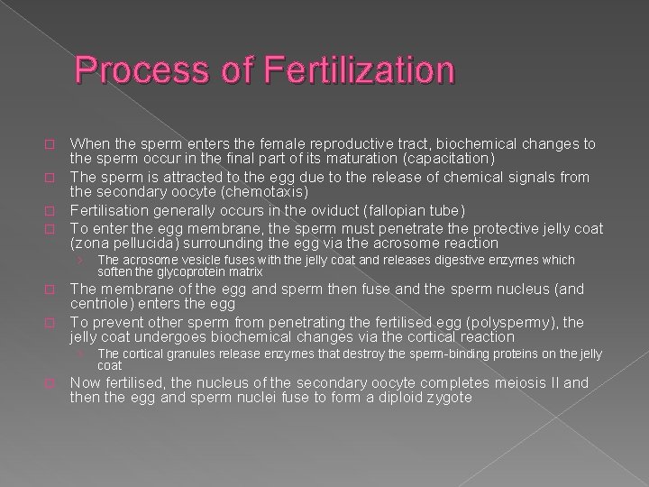 Process of Fertilization When the sperm enters the female reproductive tract, biochemical changes to