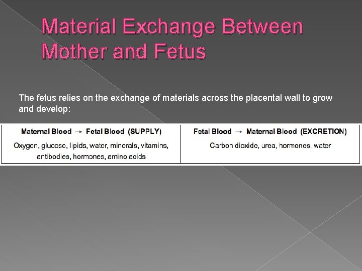 Material Exchange Between Mother and Fetus The fetus relies on the exchange of materials