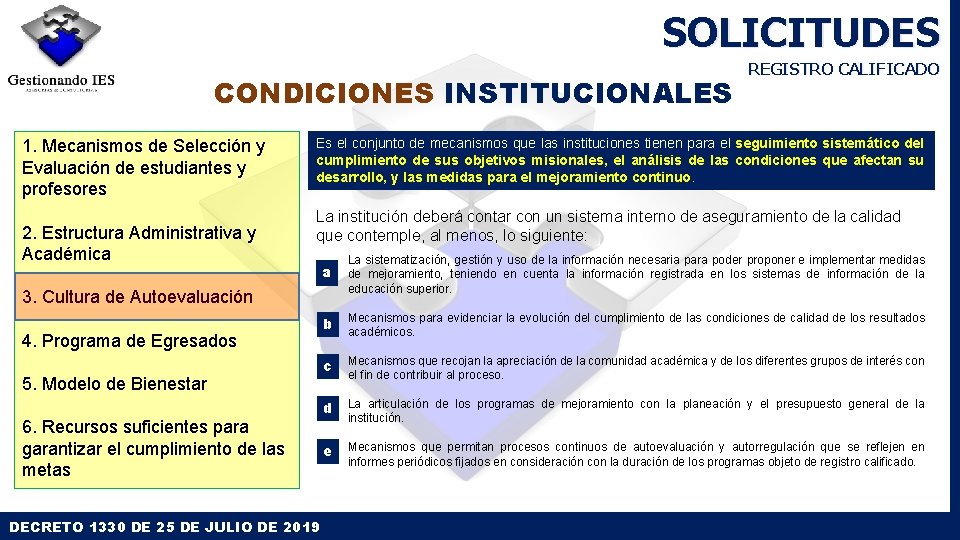 SOLICITUDES CONDICIONES INSTITUCIONALES 1. Mecanismos de Selección y Evaluación de estudiantes y profesores 2. SOLICITUDES CONDICIONES INSTITUCIONALES 1. Mecanismos de Selección y Evaluación de estudiantes y profesores 2.