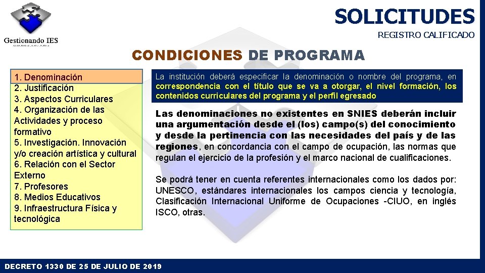 SOLICITUDES REGISTRO CALIFICADO CONDICIONES DE PROGRAMA 1. Denominación 2. Justificación 3. Aspectos Curriculares 4. SOLICITUDES REGISTRO CALIFICADO CONDICIONES DE PROGRAMA 1. Denominación 2. Justificación 3. Aspectos Curriculares 4.
