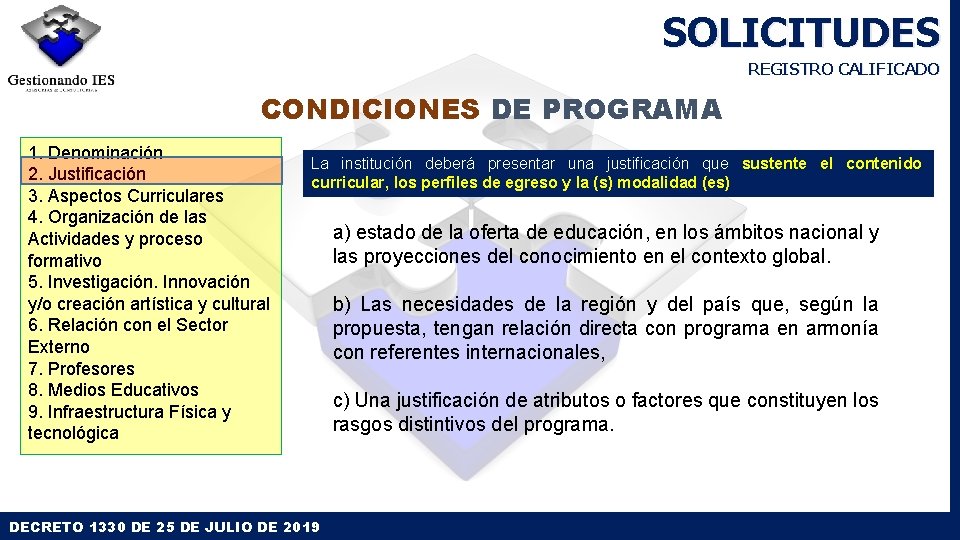 SOLICITUDES REGISTRO CALIFICADO CONDICIONES DE PROGRAMA 1. Denominación 2. Justificación 3. Aspectos Curriculares 4. SOLICITUDES REGISTRO CALIFICADO CONDICIONES DE PROGRAMA 1. Denominación 2. Justificación 3. Aspectos Curriculares 4.