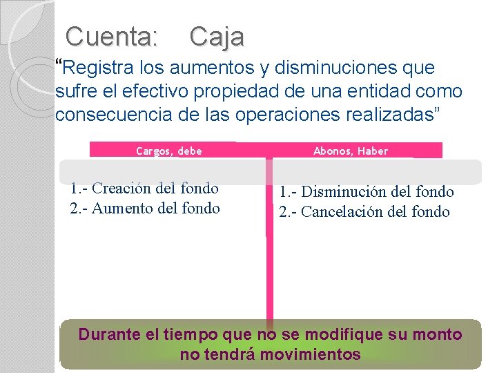 Cuenta: Caja “Registra los aumentos y disminuciones que sufre el efectivo propiedad de una