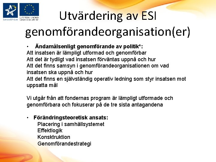 Utvärdering av ESI genomförandeorganisation(er) • Ändamålsenligt genomförande av politik*: Att insatsen är lämpligt utformad