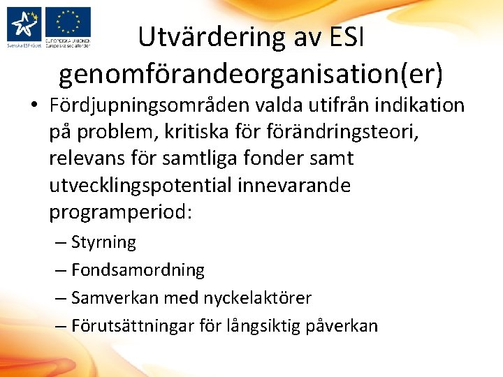 Utvärdering av ESI genomförandeorganisation(er) • Fördjupningsområden valda utifrån indikation på problem, kritiska förändringsteori, relevans