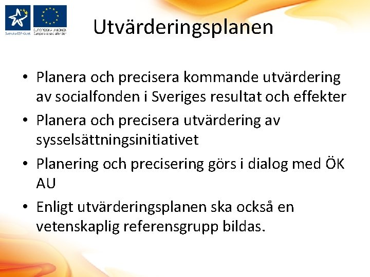 Utvärderingsplanen • Planera och precisera kommande utvärdering av socialfonden i Sveriges resultat och effekter