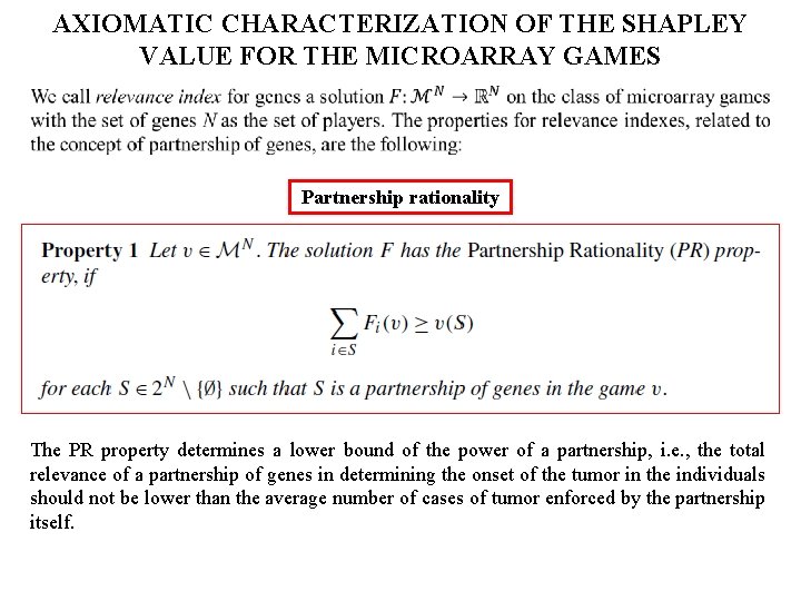 AXIOMATIC CHARACTERIZATION OF THE SHAPLEY VALUE FOR THE MICROARRAY GAMES Partnership rationality The PR