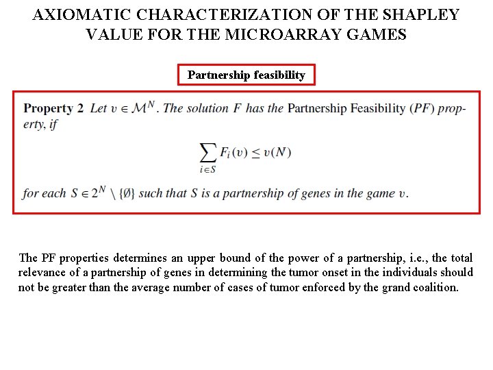 AXIOMATIC CHARACTERIZATION OF THE SHAPLEY VALUE FOR THE MICROARRAY GAMES Partnership feasibility The PF