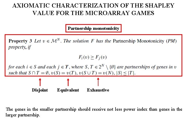 AXIOMATIC CHARACTERIZATION OF THE SHAPLEY VALUE FOR THE MICROARRAY GAMES Partnership monotonicity Disjoint Equivalent