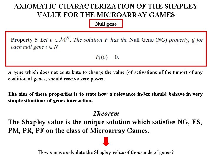 AXIOMATIC CHARACTERIZATION OF THE SHAPLEY VALUE FOR THE MICROARRAY GAMES Null gene A gene