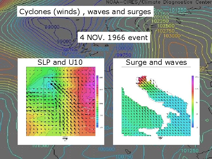 Cyclones (winds) , waves and surges 4 NOV. 1966 event SLP and U 10