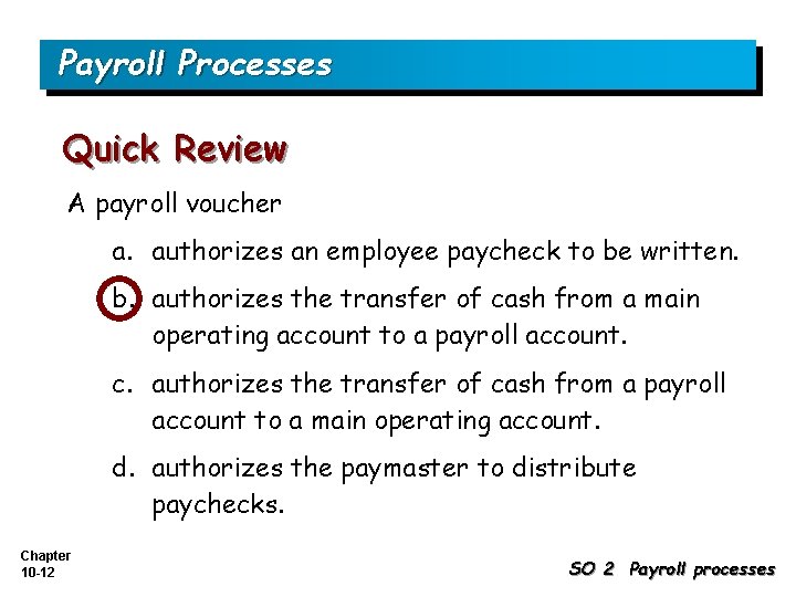 Payroll Processes Quick Review A payroll voucher a. authorizes an employee paycheck to be