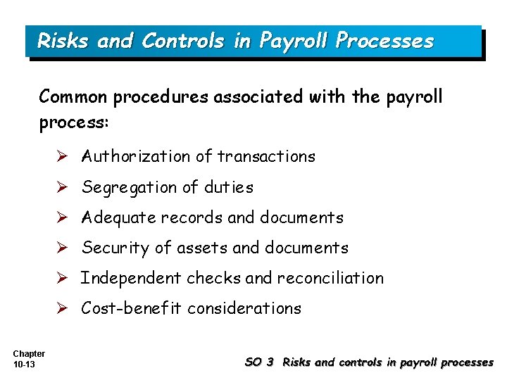 Risks and Controls in Payroll Processes Common procedures associated with the payroll process: Ø