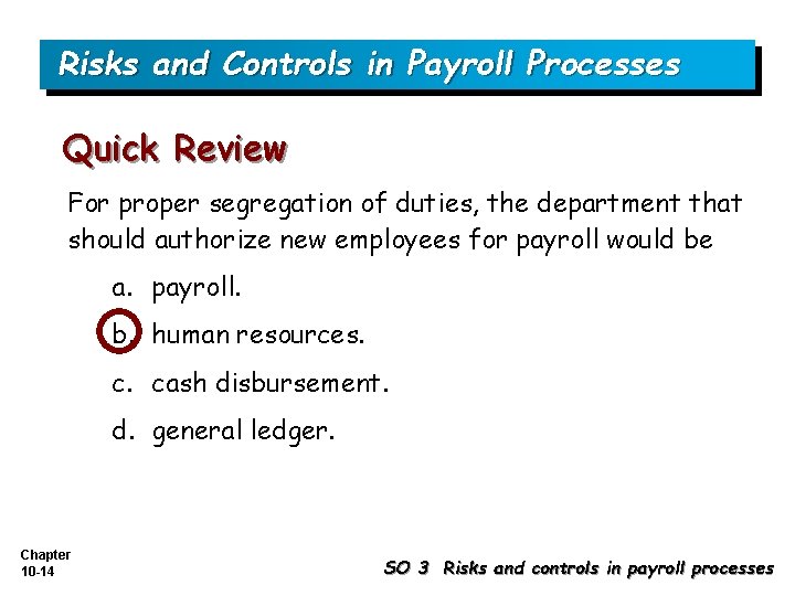Risks and Controls in Payroll Processes Quick Review For proper segregation of duties, the