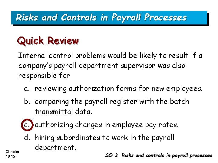 Risks and Controls in Payroll Processes Quick Review Internal control problems would be likely