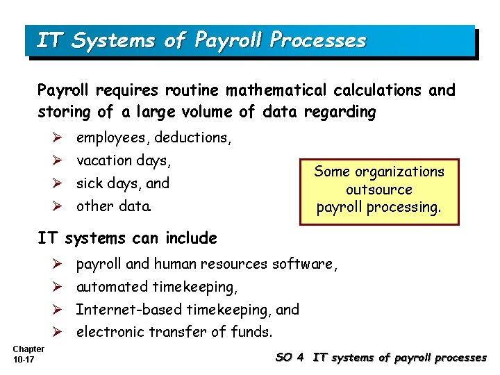 IT Systems of Payroll Processes Payroll requires routine mathematical calculations and storing of a