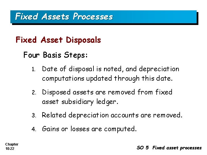 Fixed Assets Processes Fixed Asset Disposals Four Basis Steps: Chapter 10 -22 1. Date