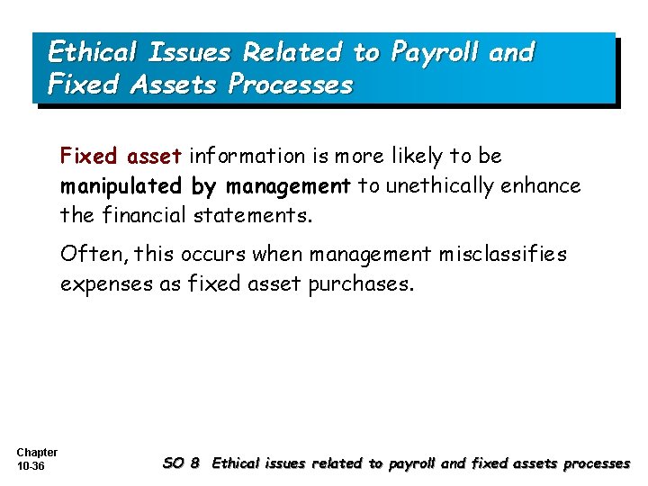 Ethical Issues Related to Payroll and Fixed Assets Processes Fixed asset information is more