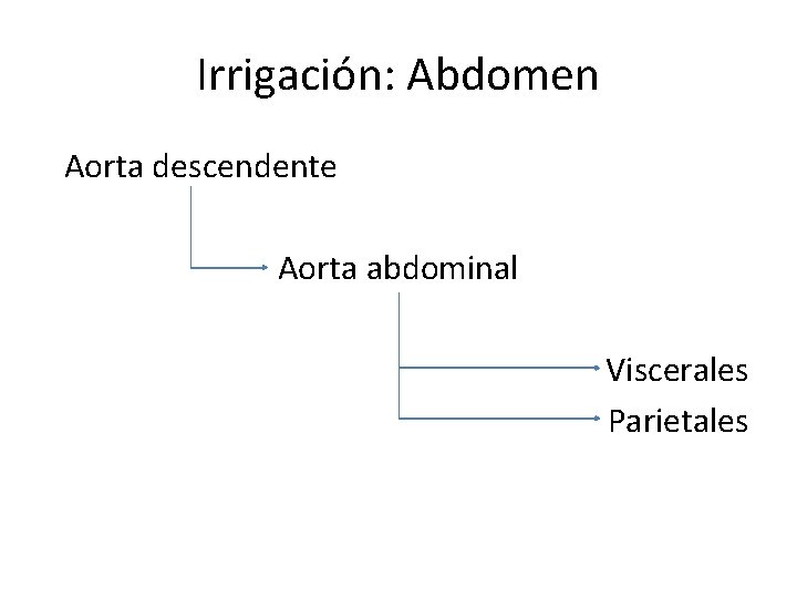 Irrigación: Abdomen Aorta descendente Aorta abdominal Viscerales Parietales Irrigación: Abdomen Aorta descendente Aorta abdominal Viscerales Parietales