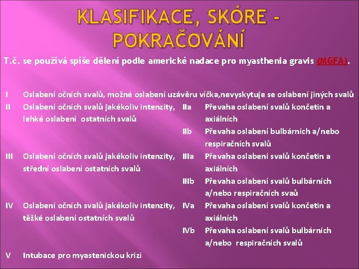 KLASIFIKACE, SKÓRE POKRAČOVÁNÍ T. č. se používá spíše dělení podle americké nadace pro myasthenia